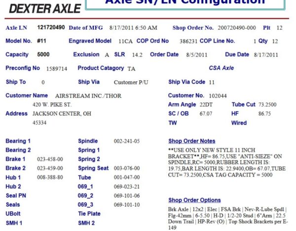 11TF 5K** 655 ELEC FOWARD SELF ADJUSTING;W/NEV-R-LUBE COPY TAG INFORMATION*** HF=86.75 OB=67.07", 22.5 DOWN HIGH PRO, REVERSED **TOP SHOCK BRACKETSPER E-149